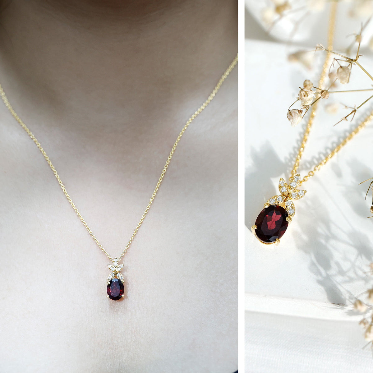 Oval 2.5 Carat Rhodolite Pendant Necklace with Diamond Flower