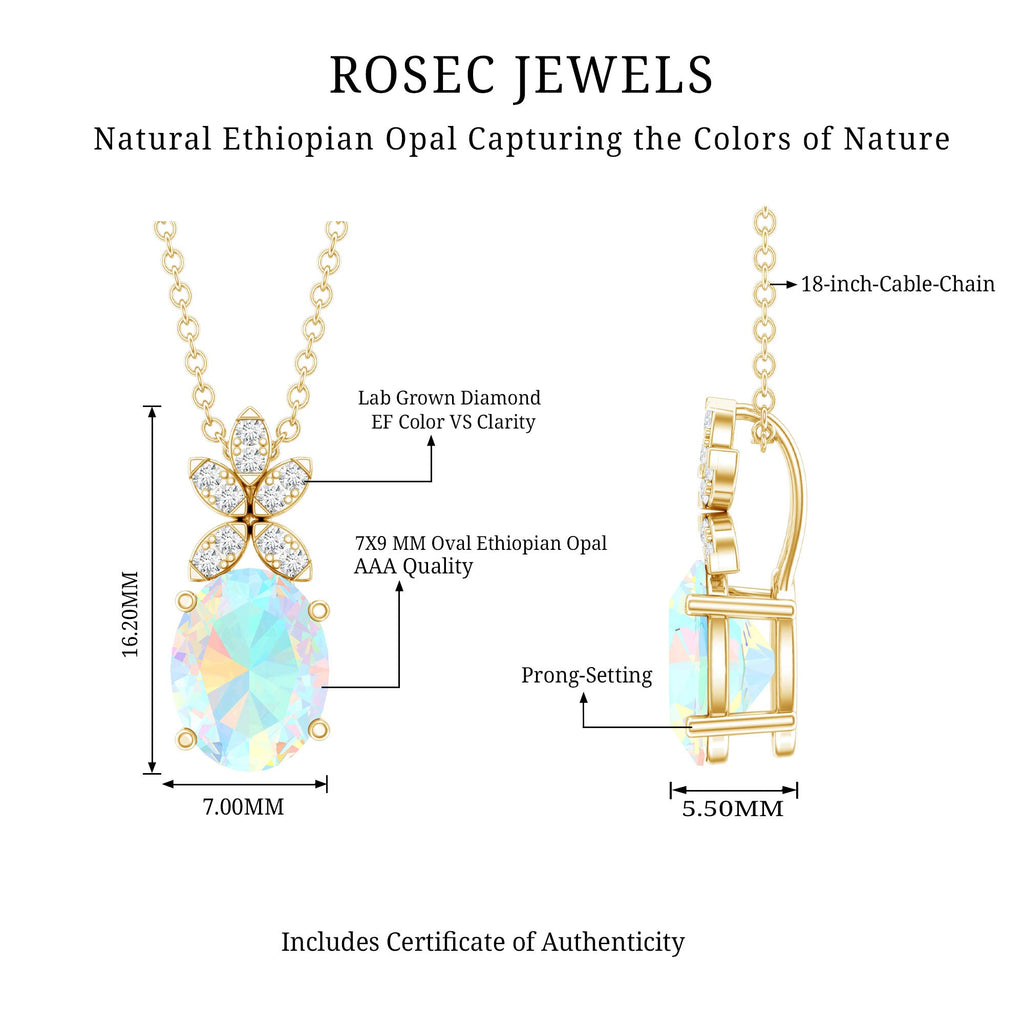 2 Carat Oval Shaped Ethiopian Opal and Diamond Flower Necklace with Chain