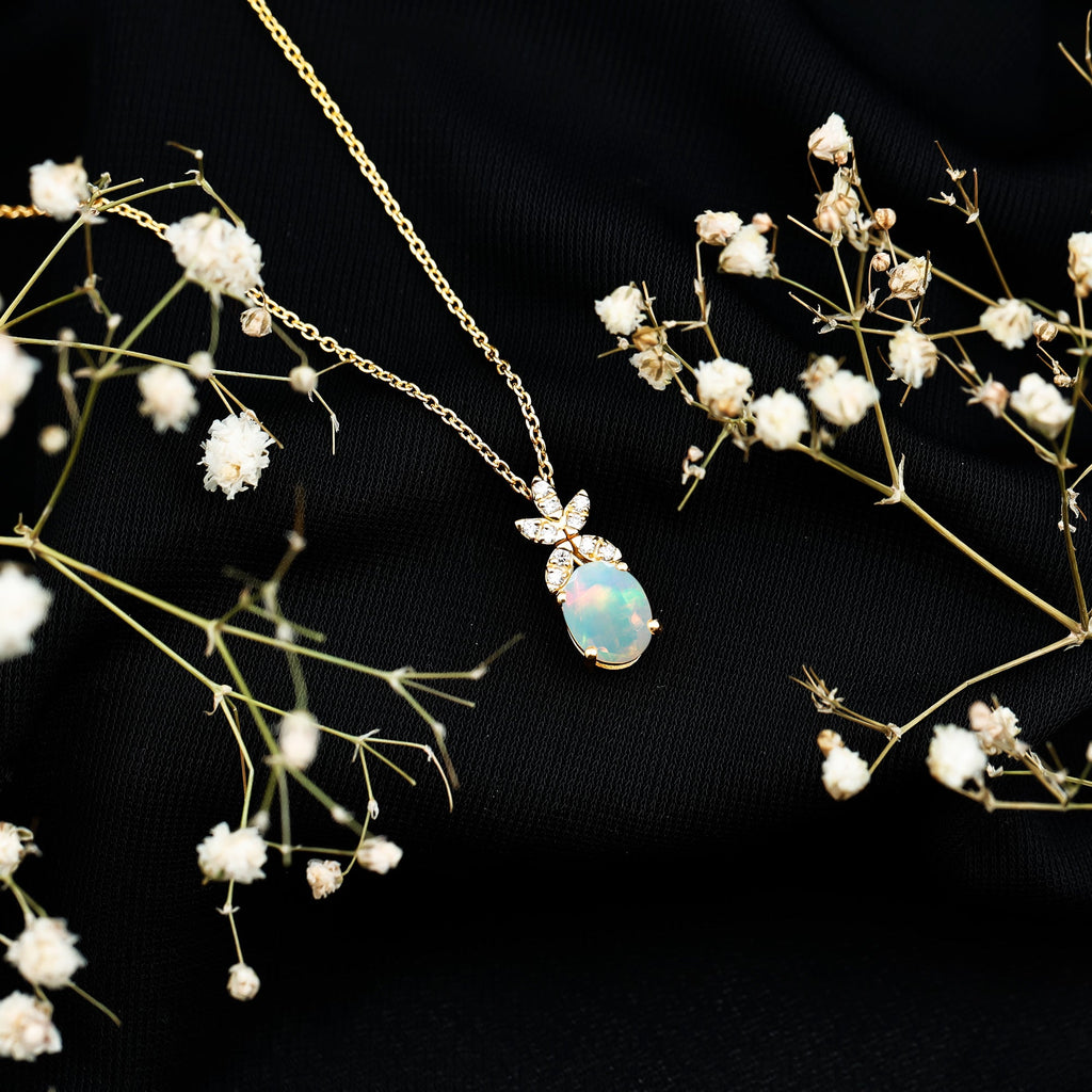 2 Carat Oval Shaped Ethiopian Opal and Diamond Flower Necklace with Chain