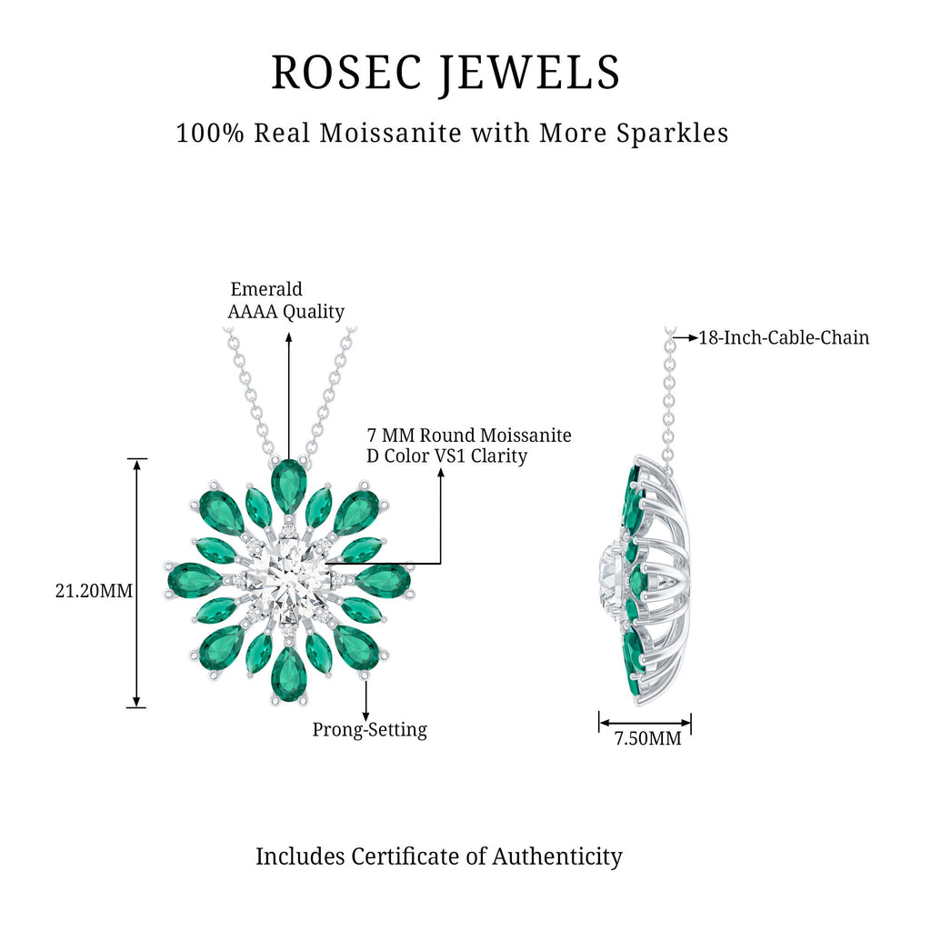 Certified Moissanite Flower Designer Necklace With Lab Emerald