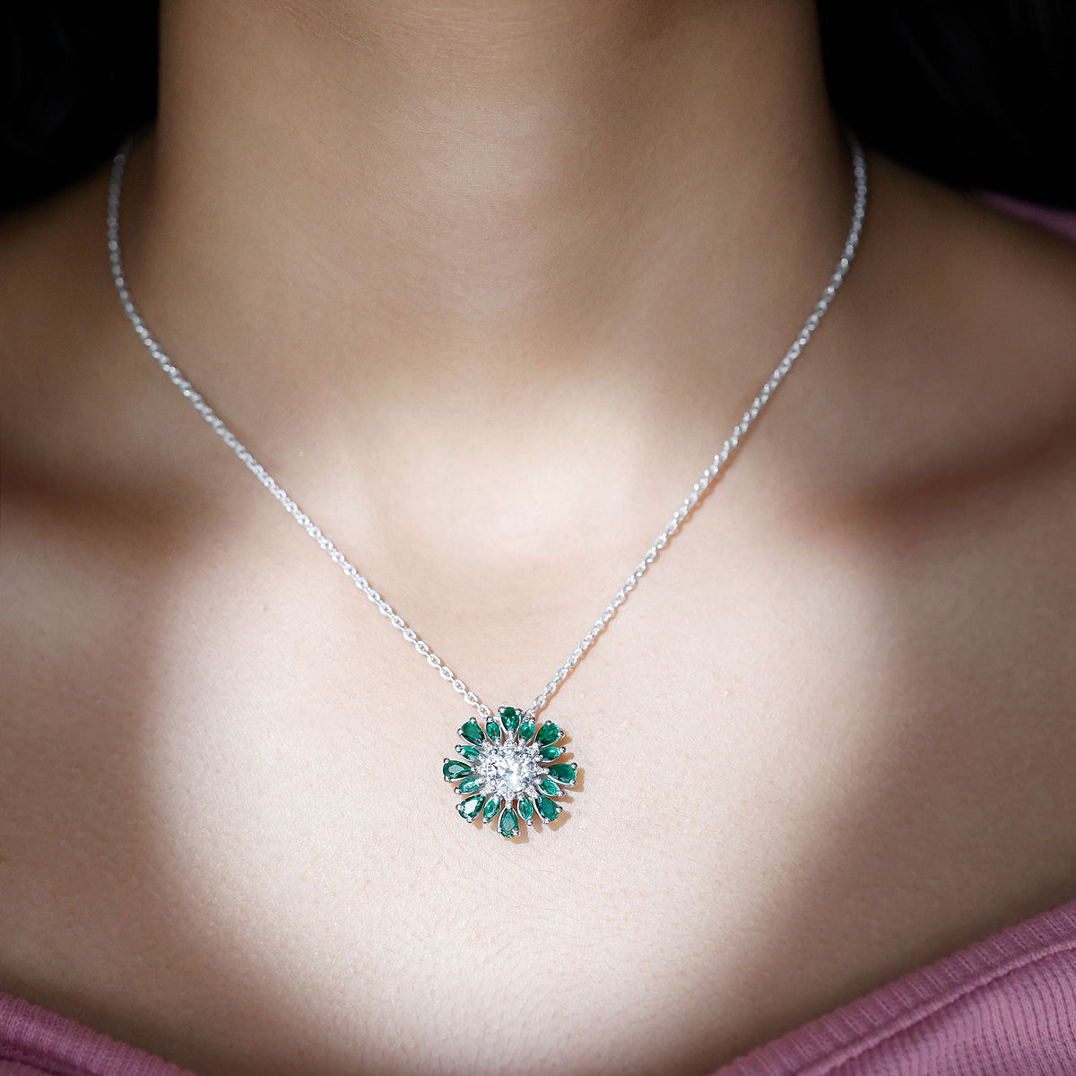 Certified Moissanite Flower Designer Necklace With Lab Emerald
