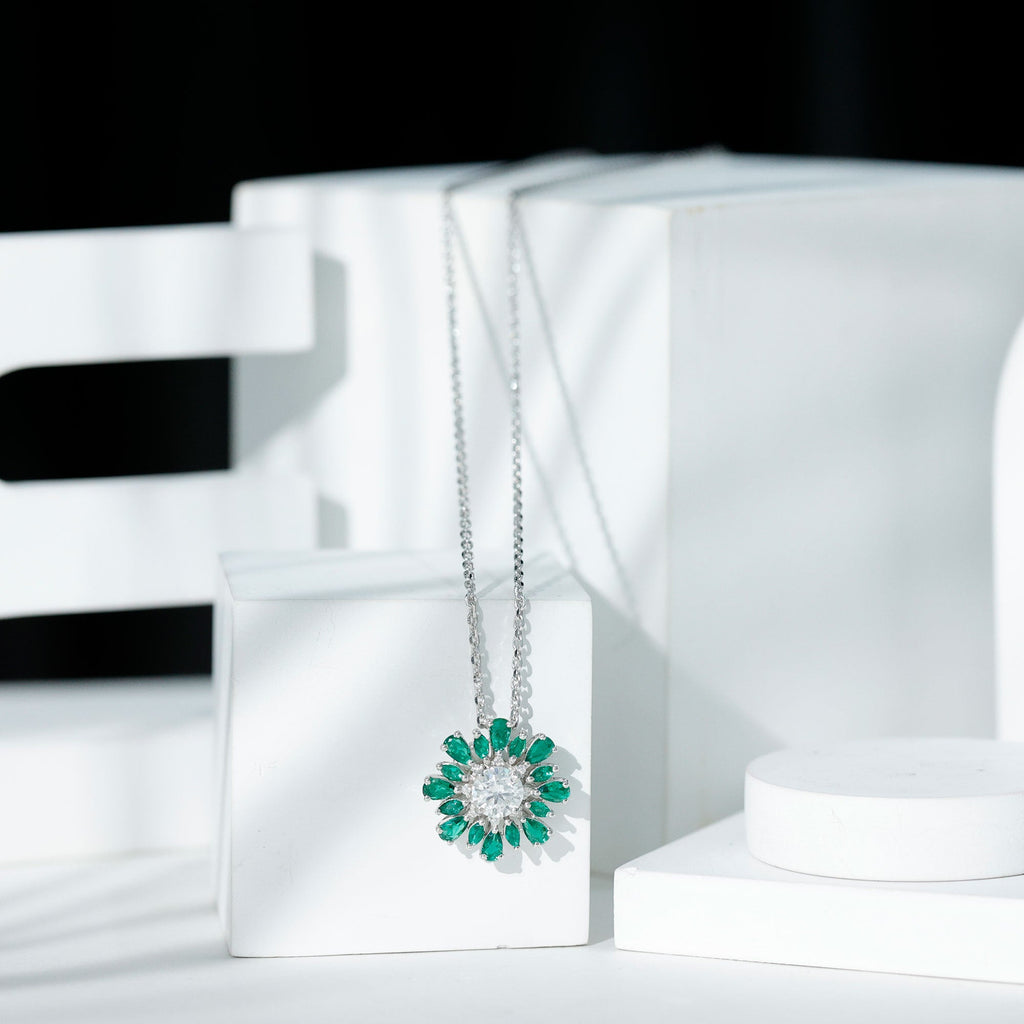 Certified Moissanite Flower Designer Necklace With Lab Emerald