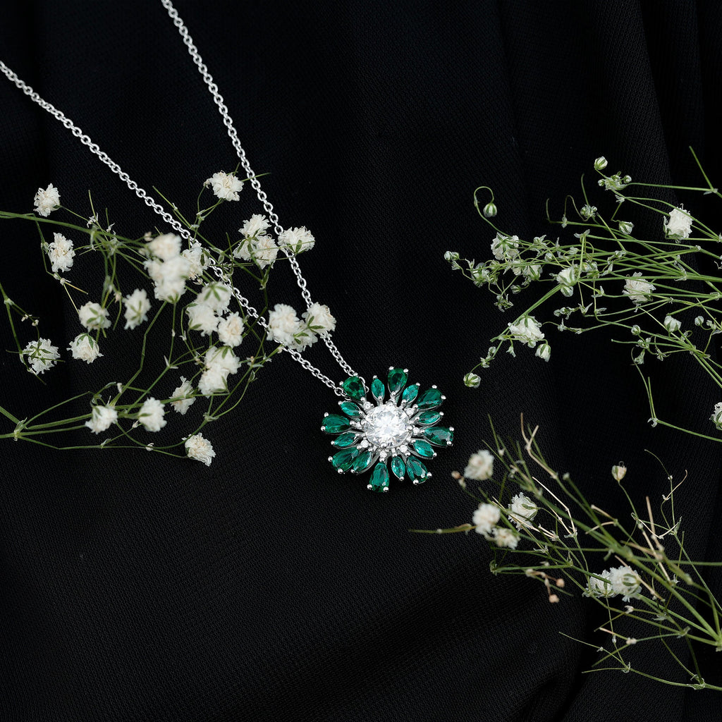 Certified Moissanite Flower Designer Necklace With Lab Emerald