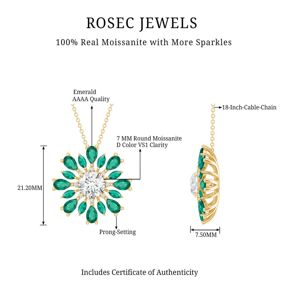 Certified Moissanite Flower Designer Necklace With Lab Emerald
