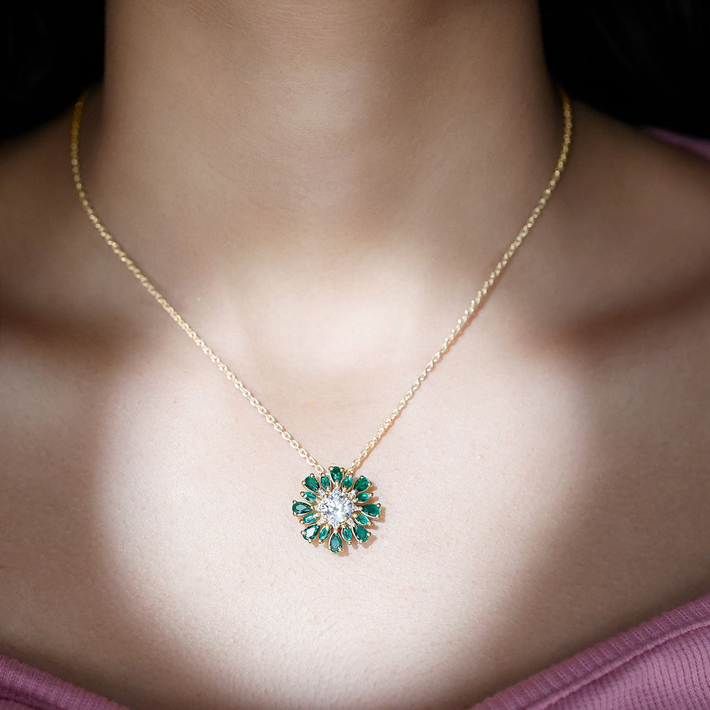 Certified Moissanite Flower Designer Necklace With Lab Emerald