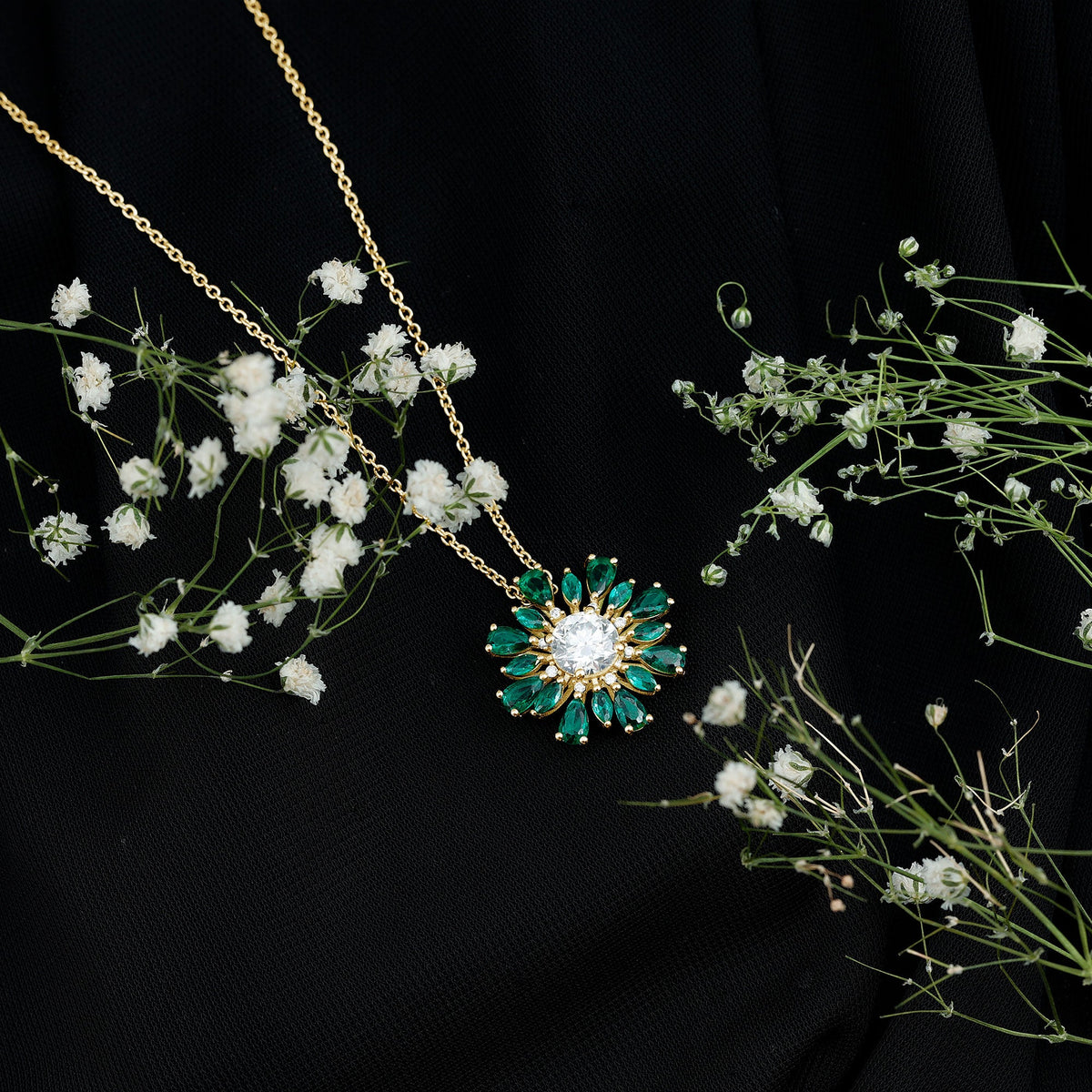 Certified Moissanite Flower Designer Necklace With Lab Emerald