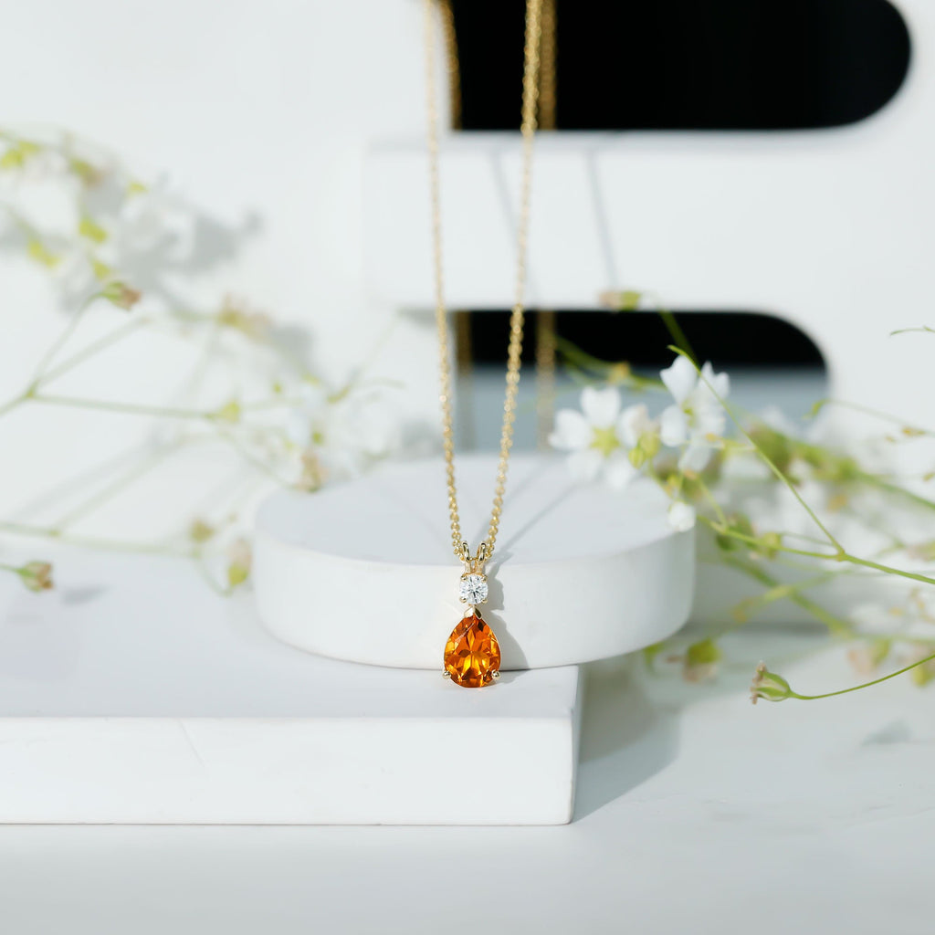 1 Carat Citrine Teardrop Pendant Necklace with Lab Grown Diamond