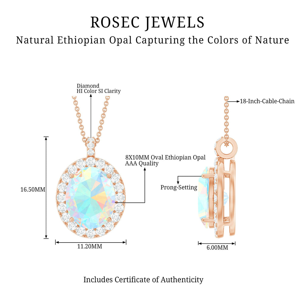 Real 1.3 Carat Ethiopian Opal Oval Pendant Necklace with Diamond Halo