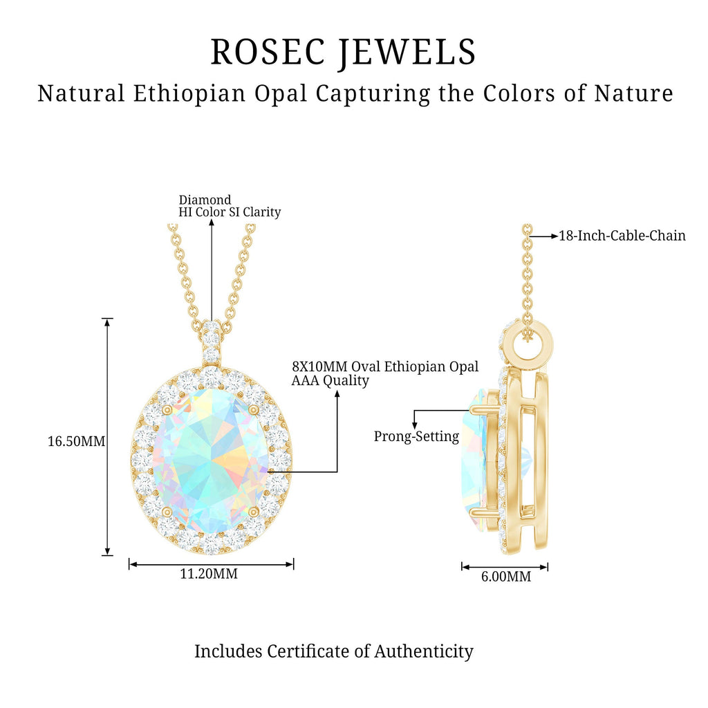 Real 1.3 Carat Ethiopian Opal Oval Pendant Necklace with Diamond Halo
