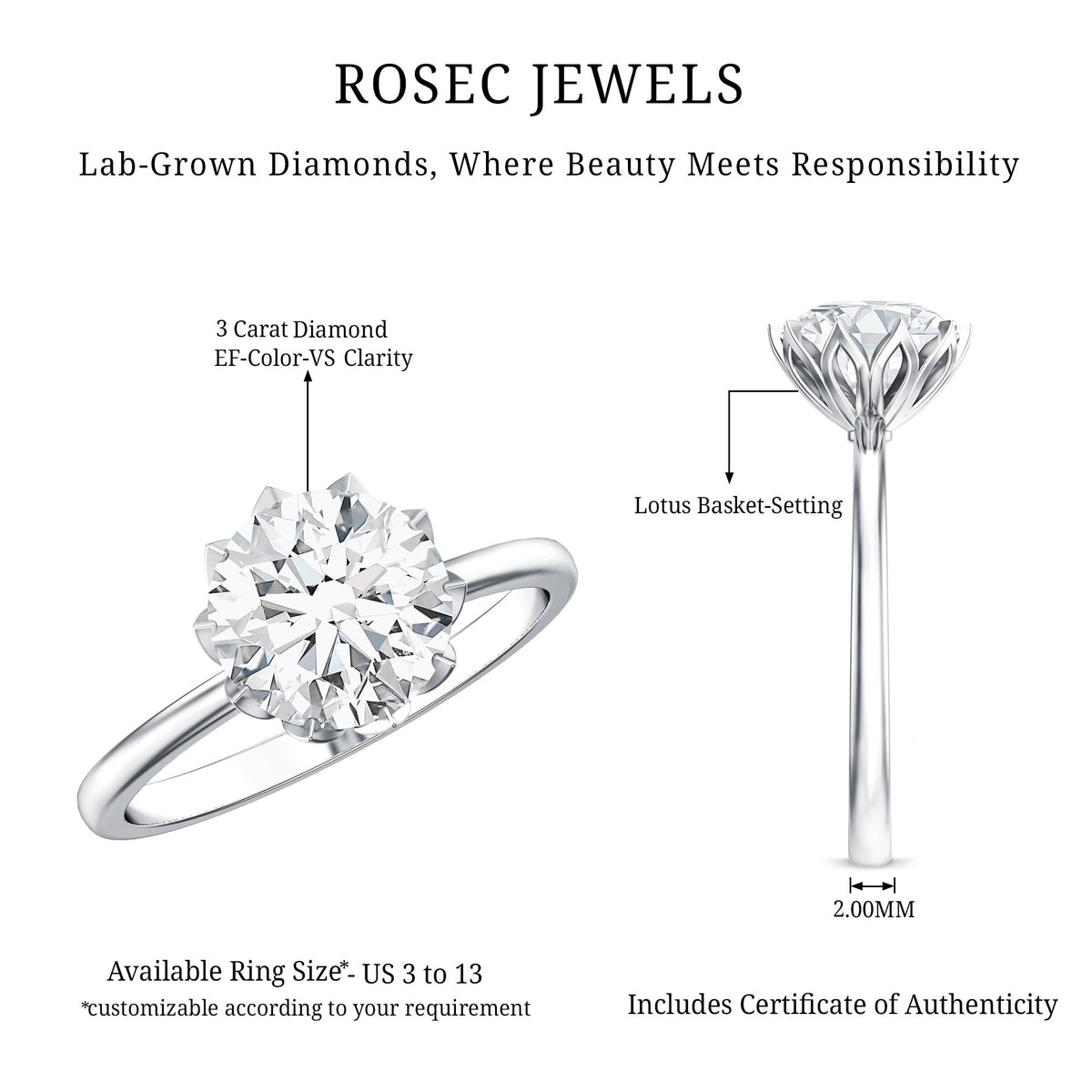 Lotus Basket Set Lab Grown Diamond 3 Carat Engagement Ring with IGI Certificate