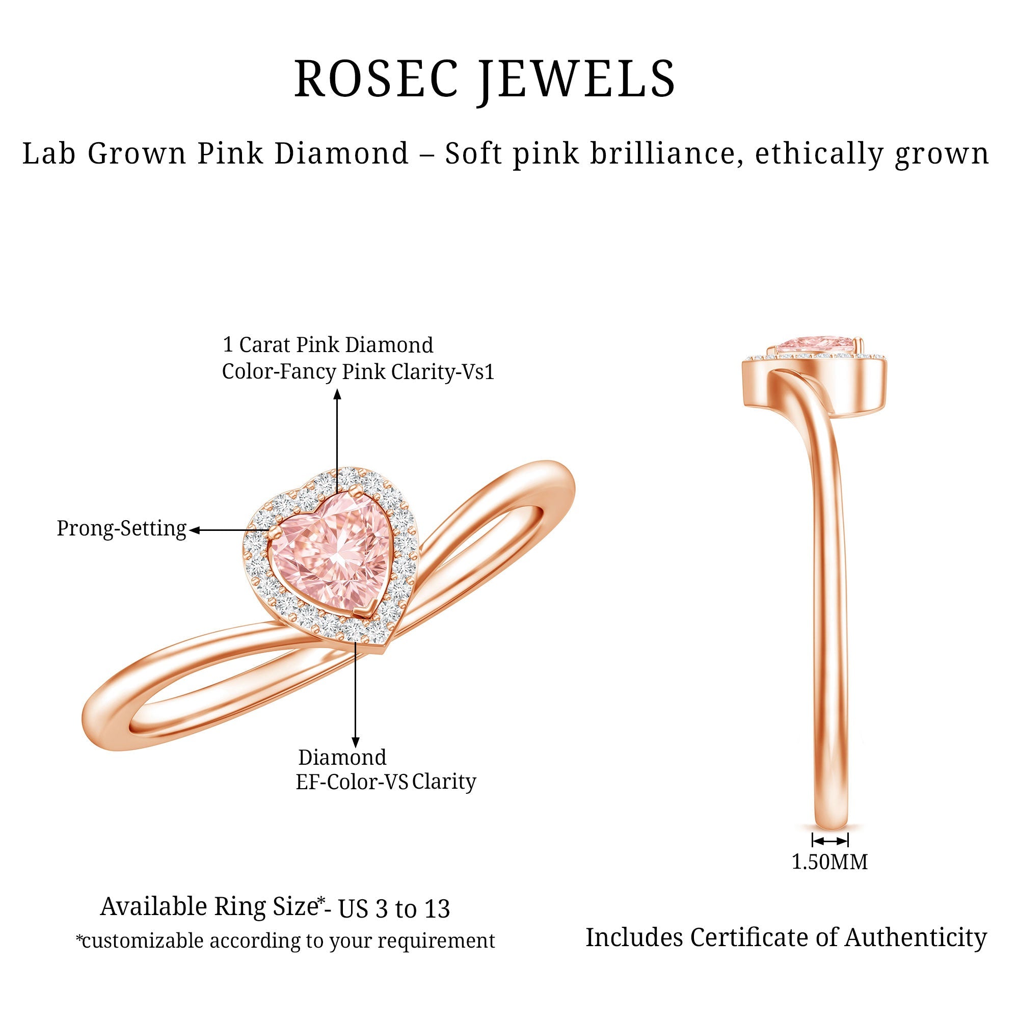 IGI Certified Lab Grown Pink Diamond Heart Promise Ring with Halo