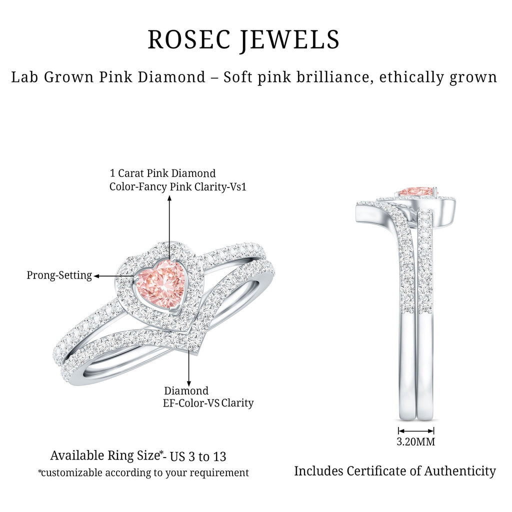 Heart Shape Lab Grown Pink and White Diamond Wedding Ring Set with IGI Certificate