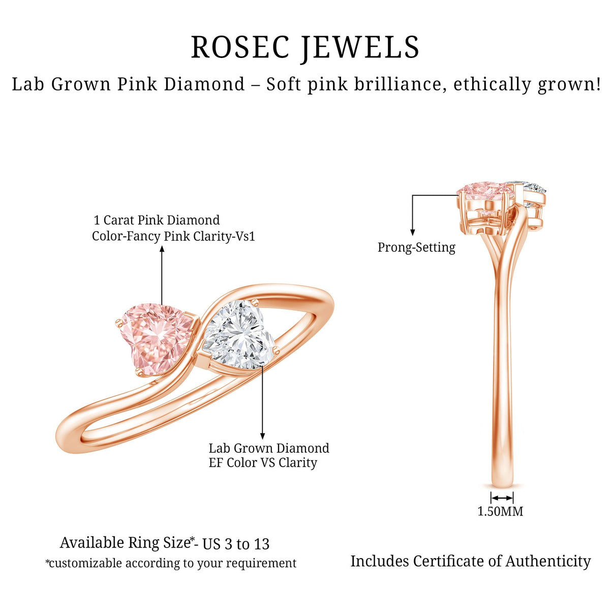 The Twist — Pink and White Diamond Double Heart Ring