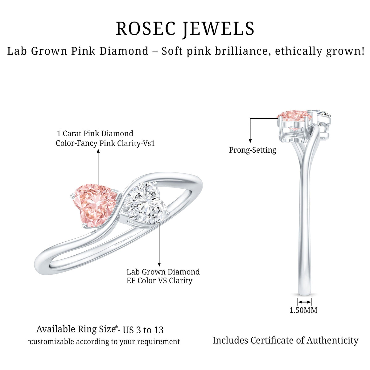 The Twist — Pink and White Diamond Double Heart Ring