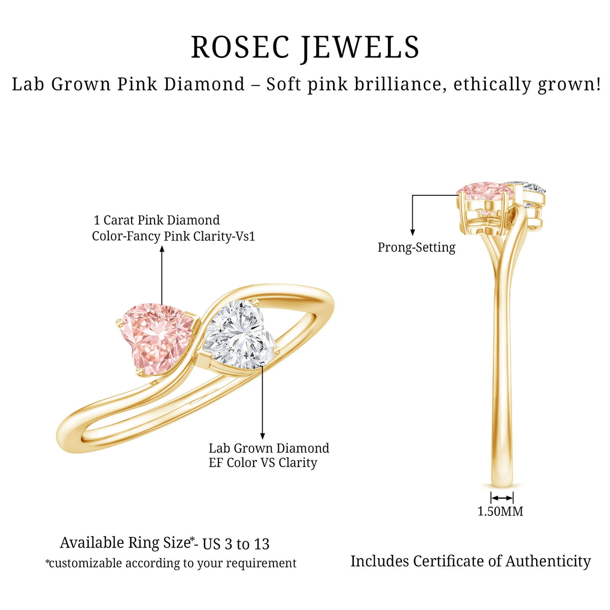 The Twist — Pink and White Diamond Double Heart Ring