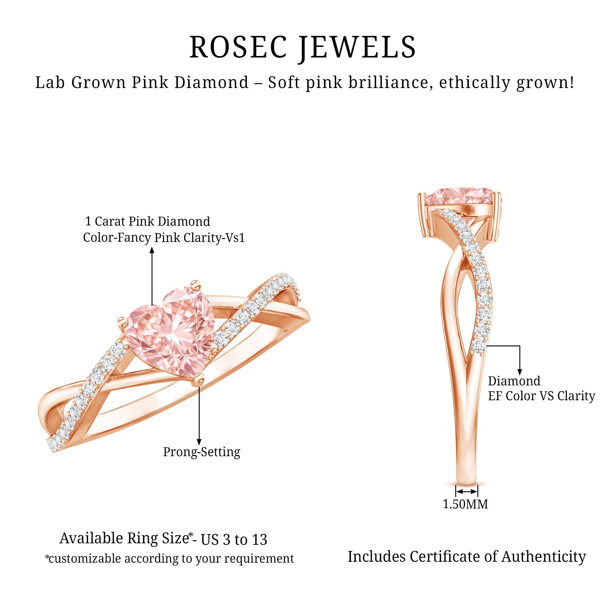 IGI Certified 1 CT Heart Shaped Lab Grown Pink Diamond Infinity Engagement Ring