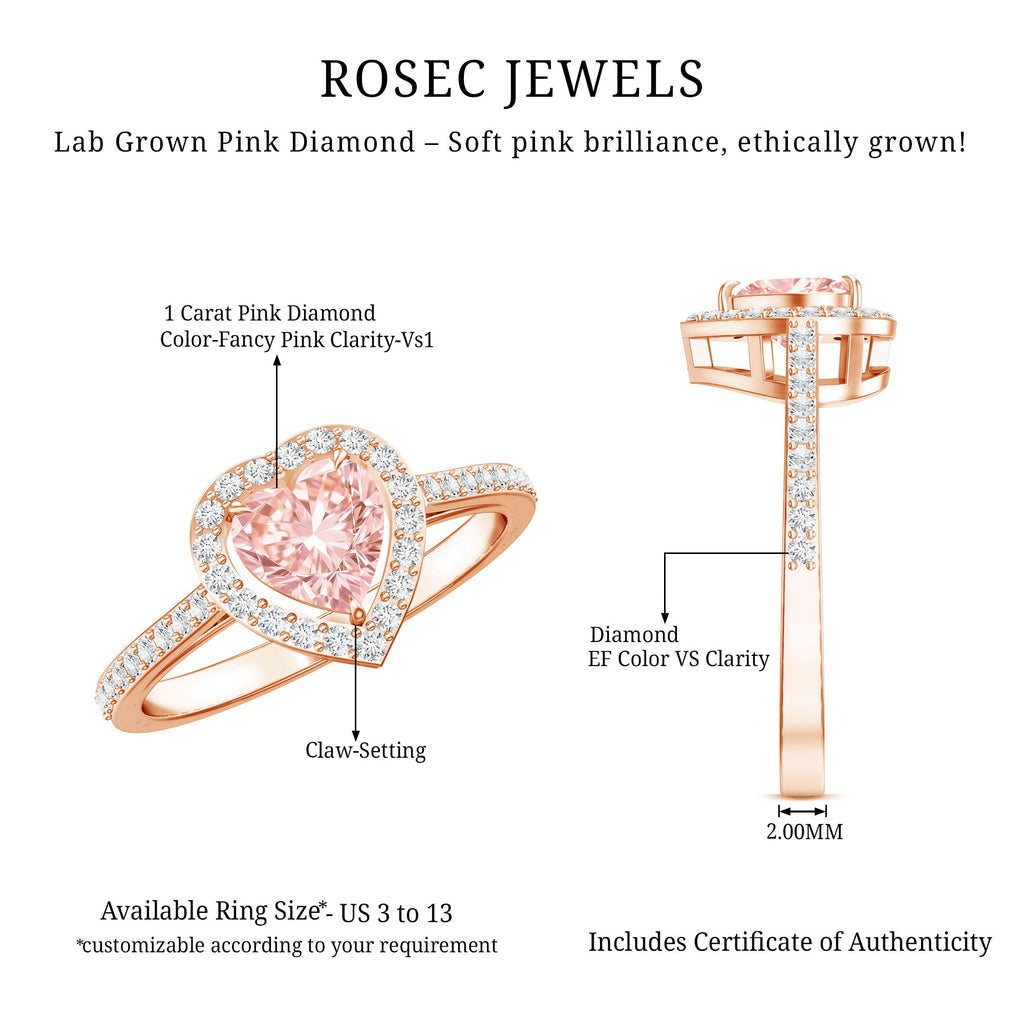 Heart Shape 1 CT Lab Grown Pink White Diamond Halo Engagement Ring IGI Certified