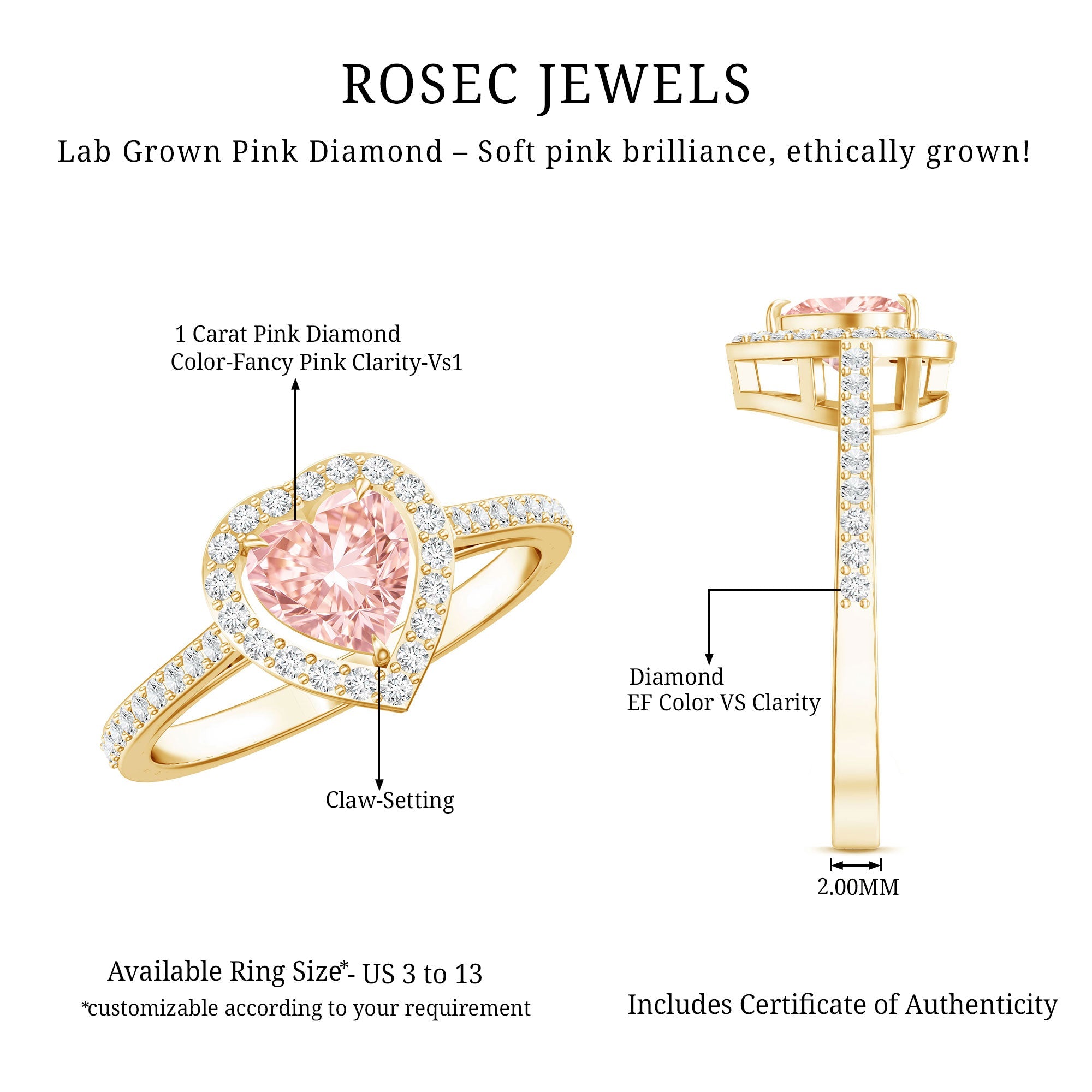 Heart Shape 1 CT Lab Grown Pink White Diamond Halo Engagement Ring IGI Certified