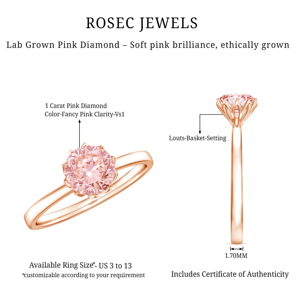 IGI Certified 1 CT Lab Grown Pink Diamond Solitaire Engagement Ring in Lotus Basket Setting