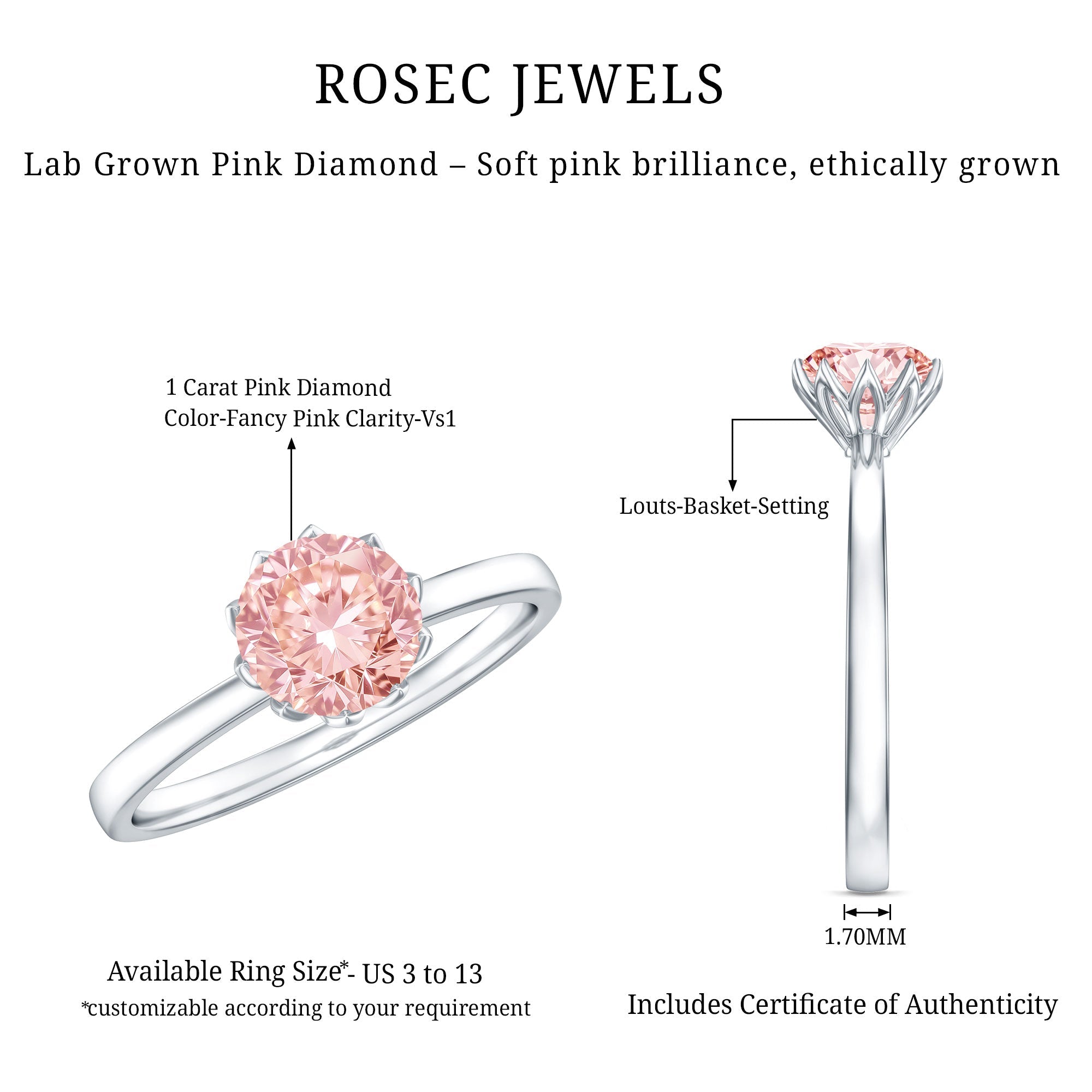 IGI Certified 1 CT Lab Grown Pink Diamond Solitaire Engagement Ring in Lotus Basket Setting