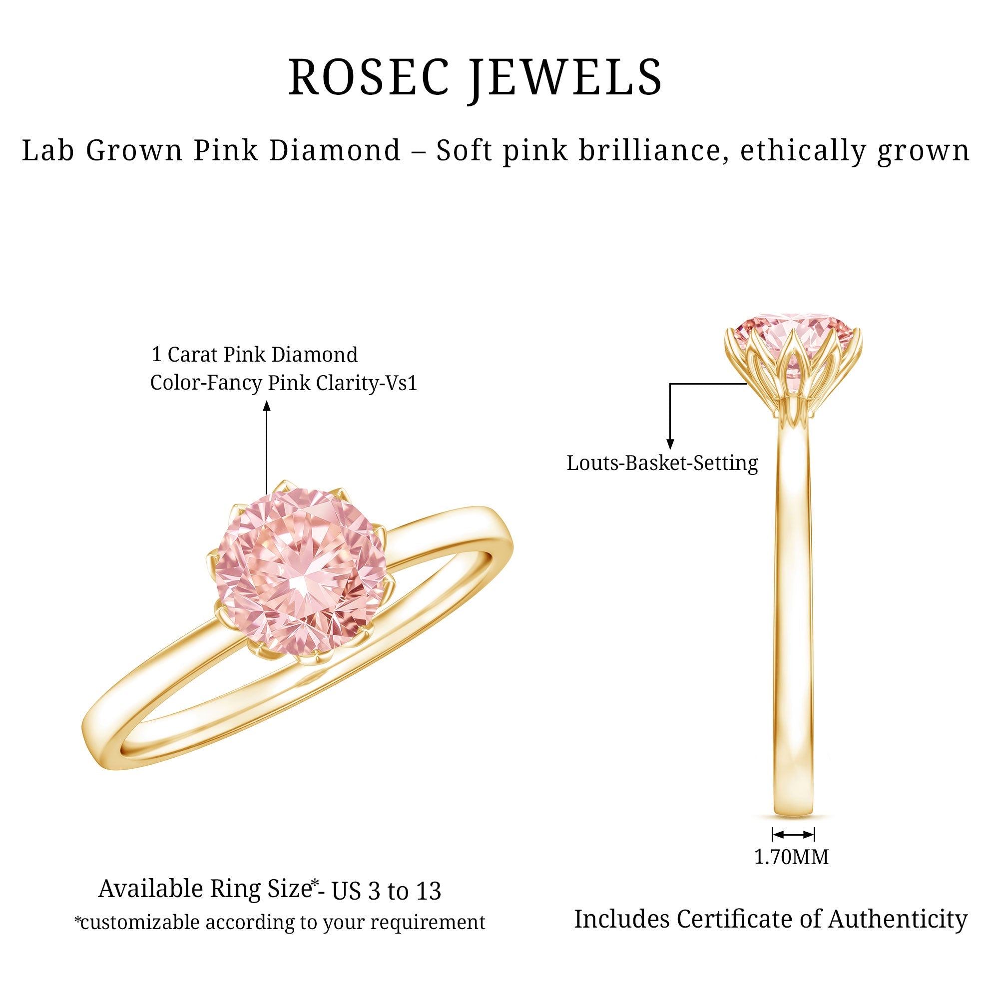 IGI Certified 1 CT Lab Grown Pink Diamond Solitaire Engagement Ring in Lotus Basket Setting