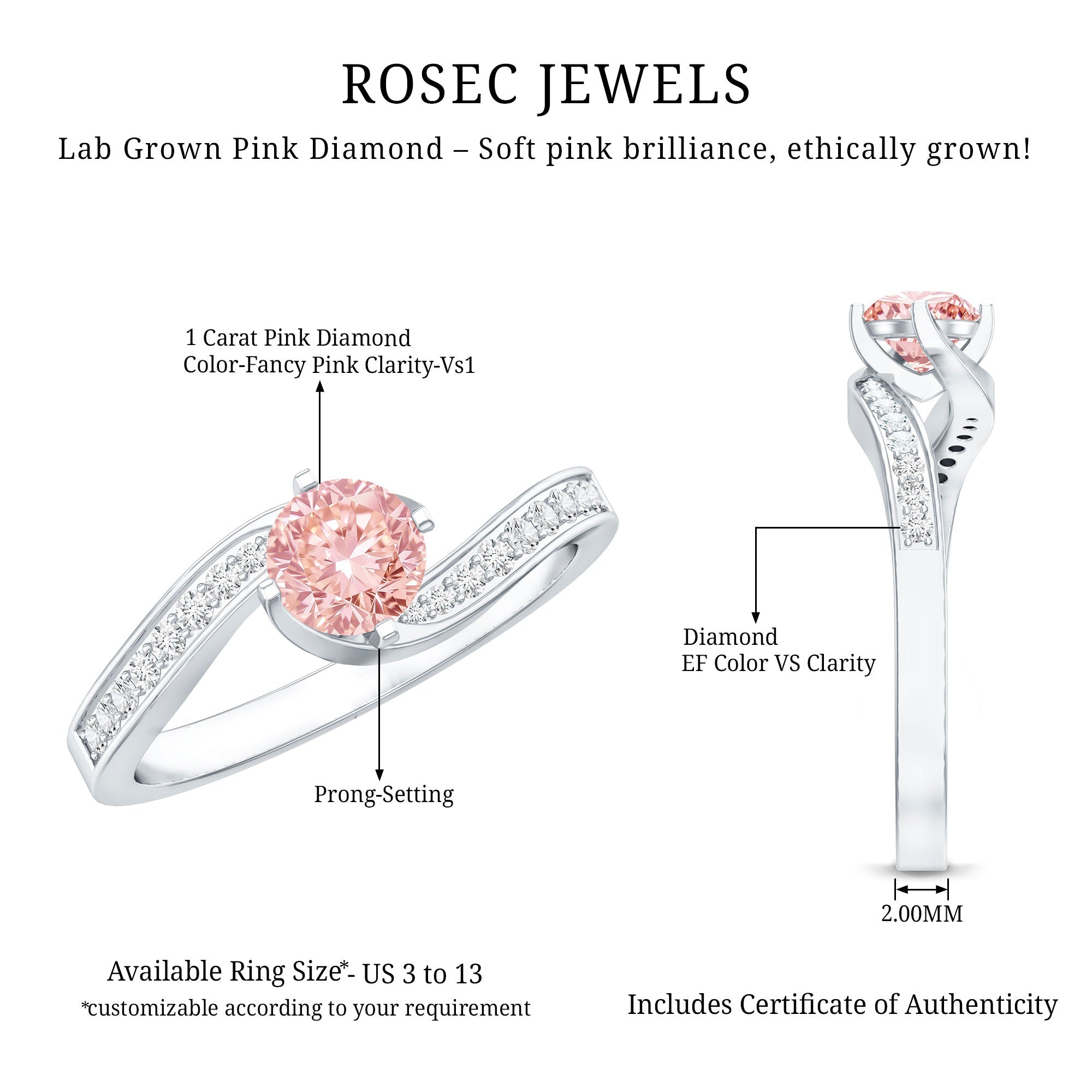 Lab Grown Pink Diamond Bypass Engagement Ring with IGI Certificate