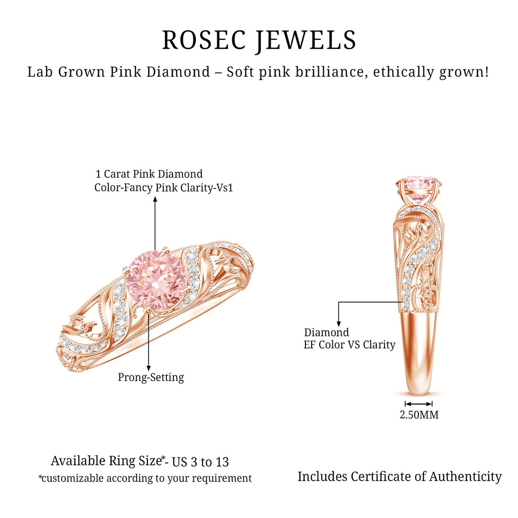Lab Grown Pink Diamond Vintage Inspired Engagement Ring IGI Certified