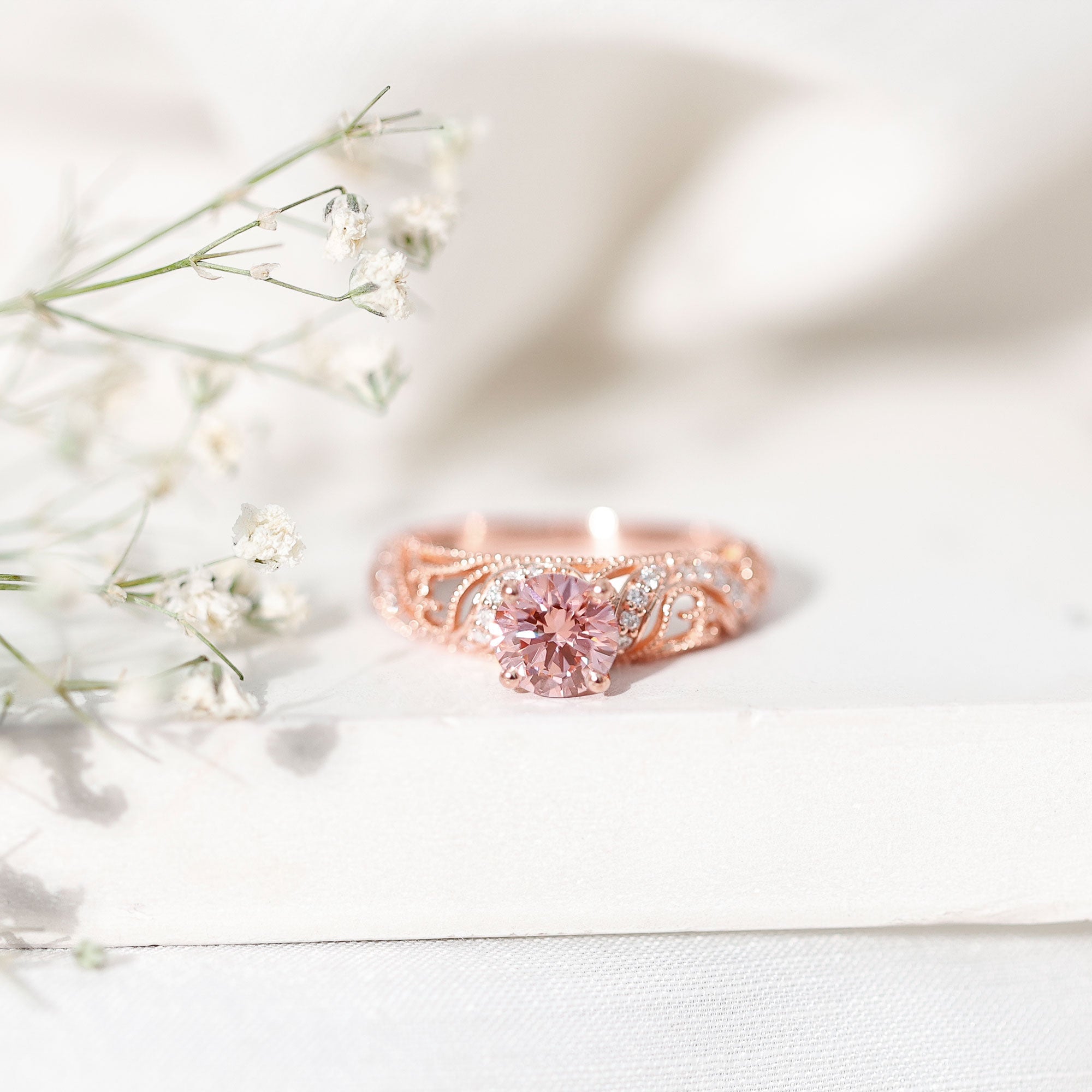 Lab Grown Pink Diamond Vintage Inspired Engagement Ring IGI Certified