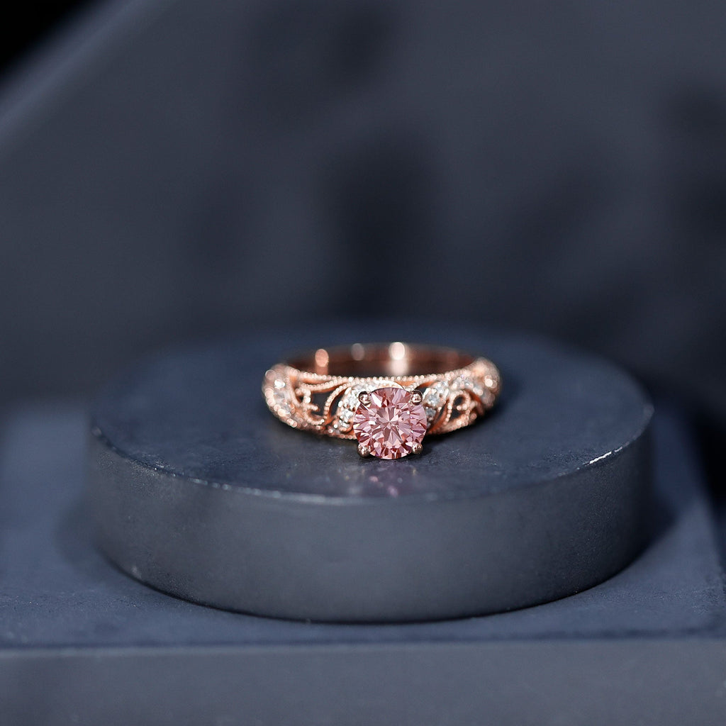Lab Grown Pink Diamond Vintage Inspired Engagement Ring IGI Certified