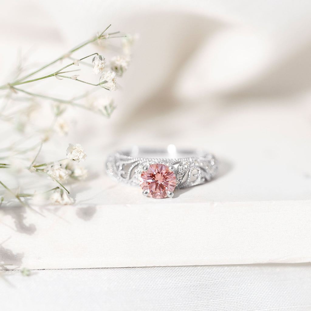 Lab Grown Pink Diamond Vintage Inspired Engagement Ring IGI Certified