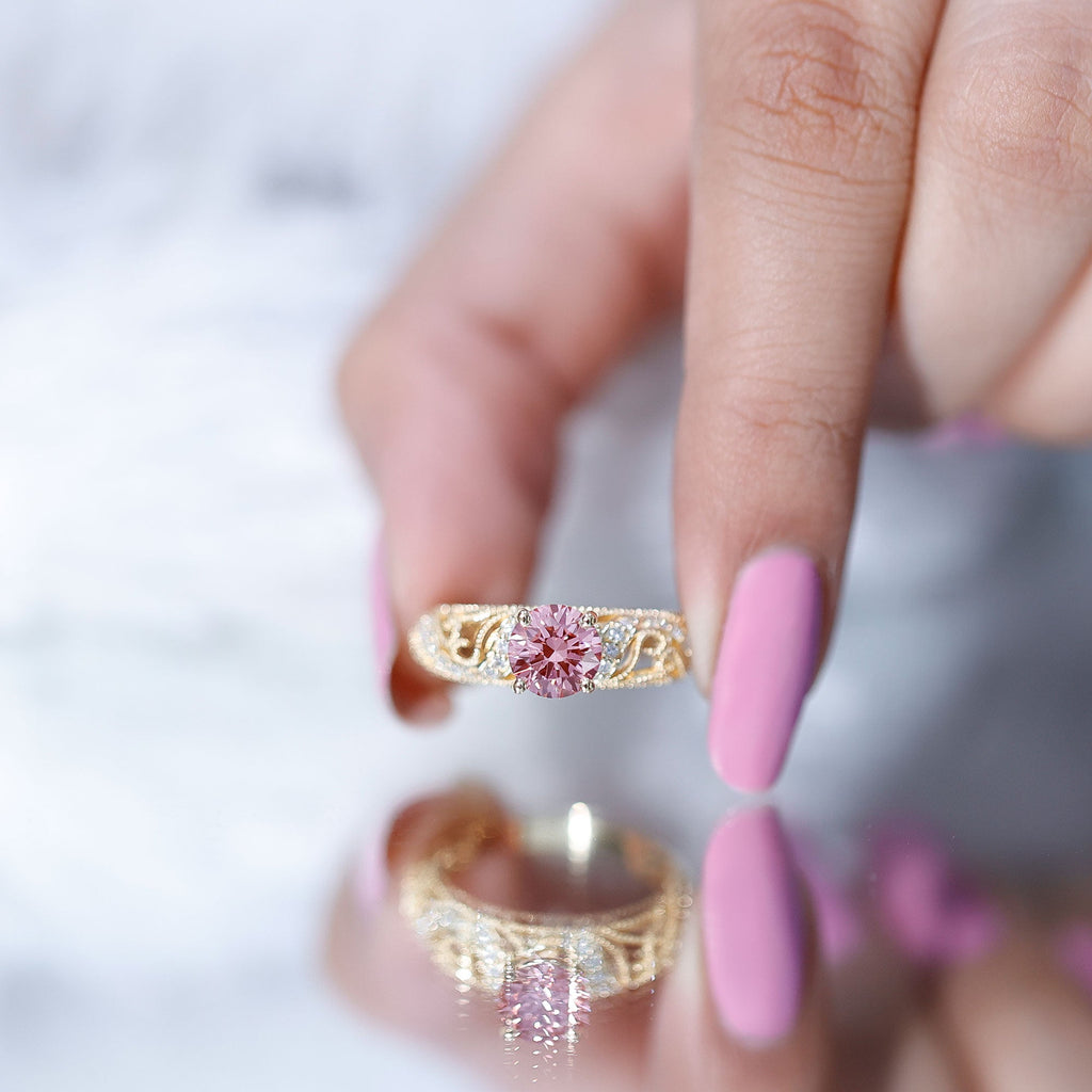 Lab Grown Pink Diamond Vintage Inspired Engagement Ring IGI Certified