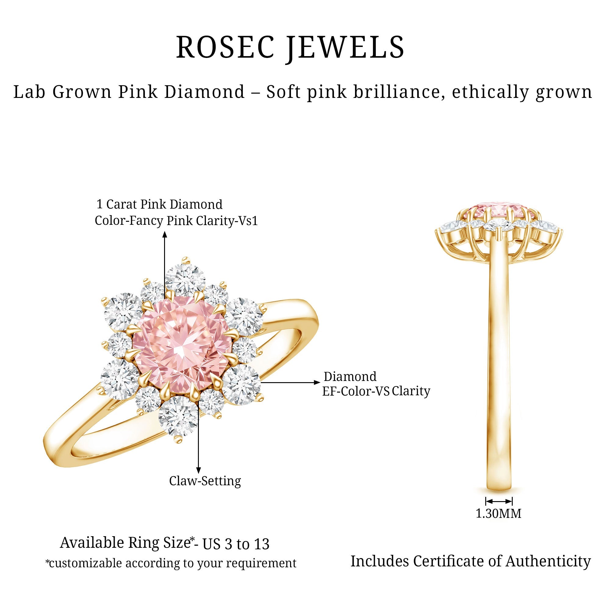 IGI Certified 1 CT Lab Grown Pink and White Diamond Halo Engagement Ring