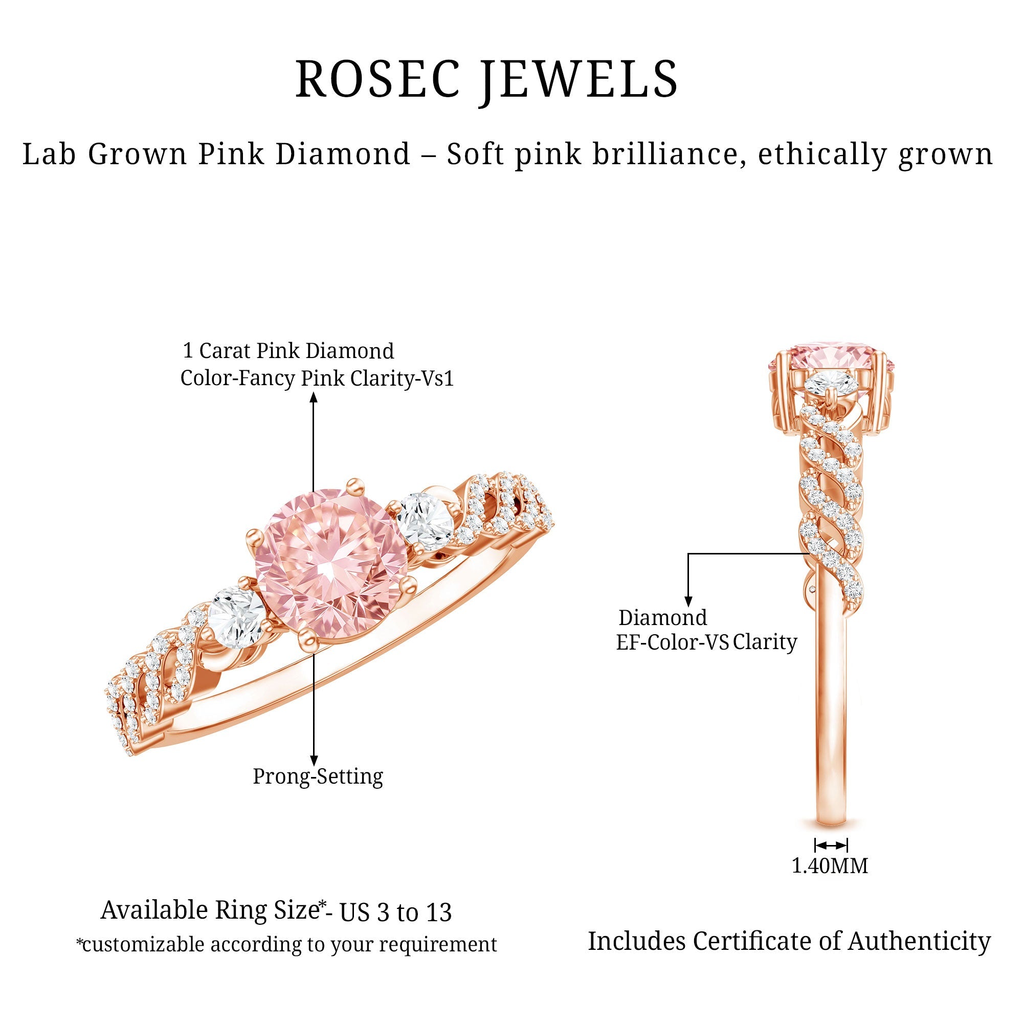 Lab Grown Fancy Pink Diamond Engagement Ring with IGI Certificate