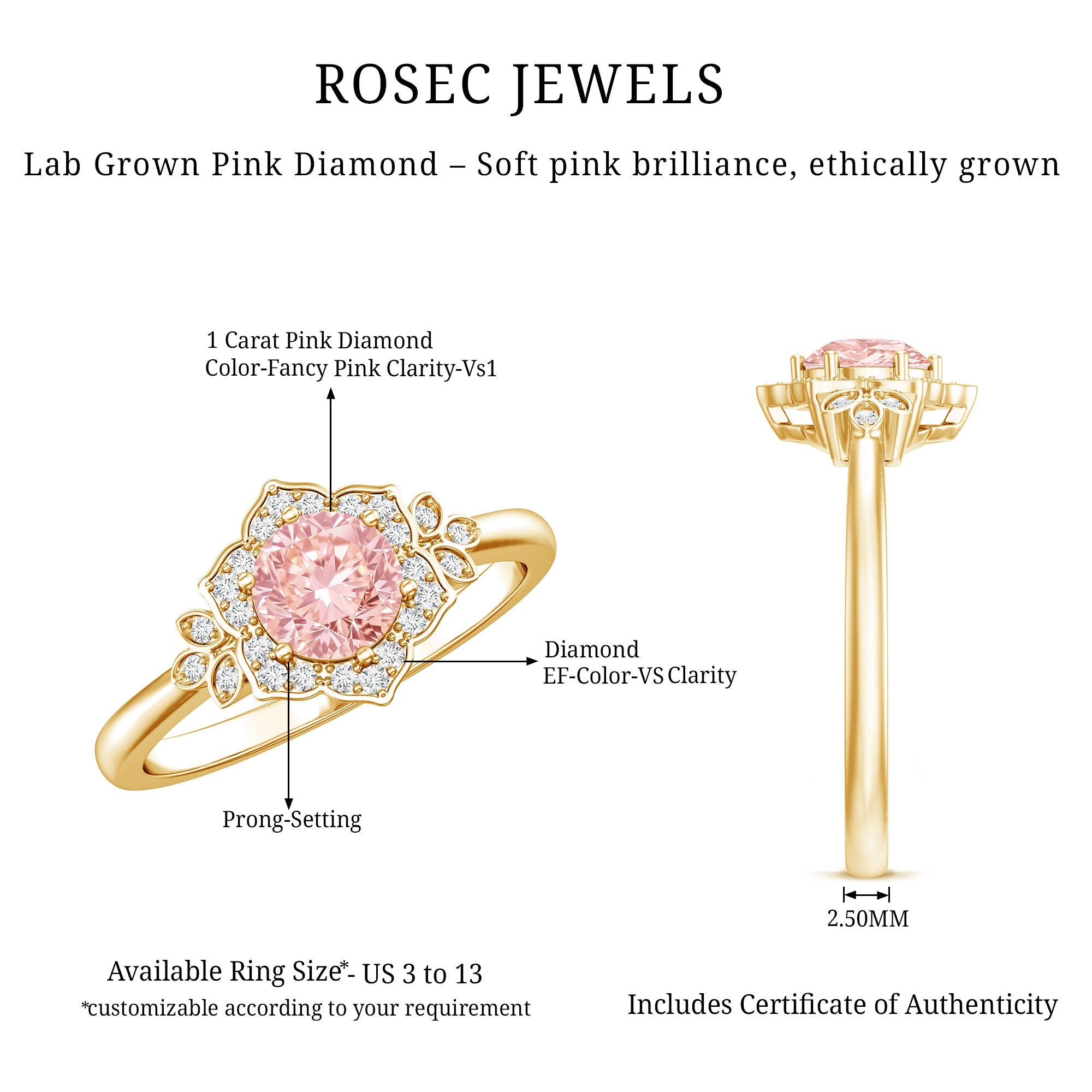 Pink and White Lab Grown Diamond Designer Engagement Ring with IGI Certificate