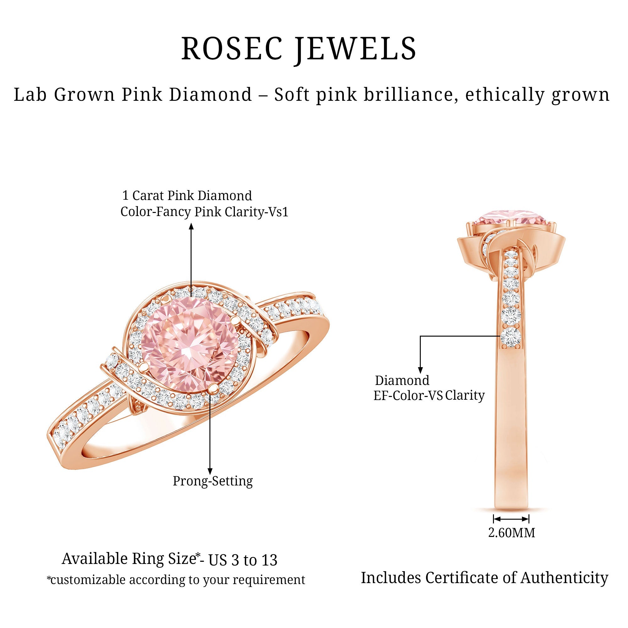 IGI Certified Lab Grown Pink Diamond Halo Engagement Ring for Women