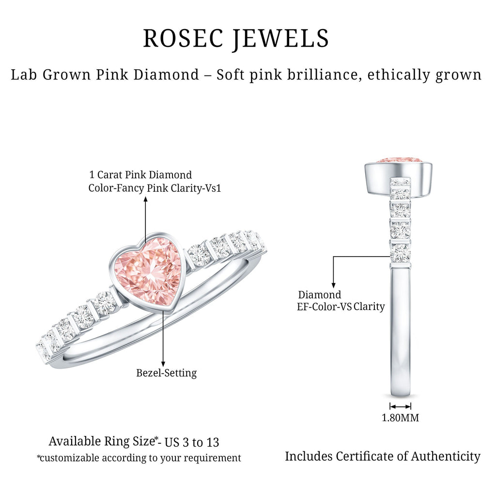 IGI Certified 1 CT Lab Grown Pink Diamond Heart Engagement Ring with Side Stones