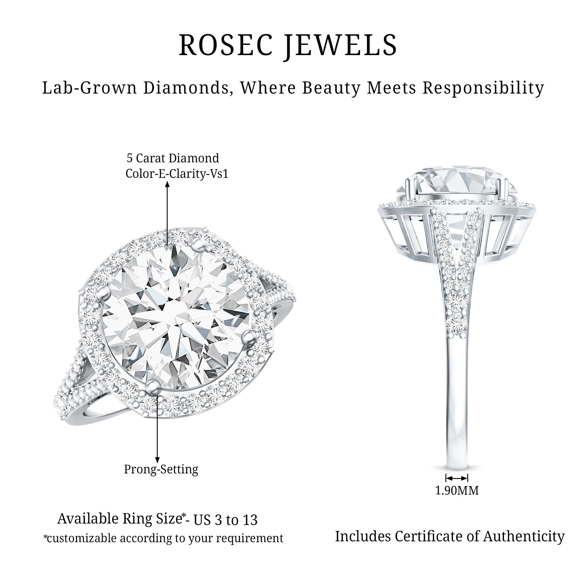 5 Carat Lab Grown Big Diamond Engagement Ring with IGI Certificate