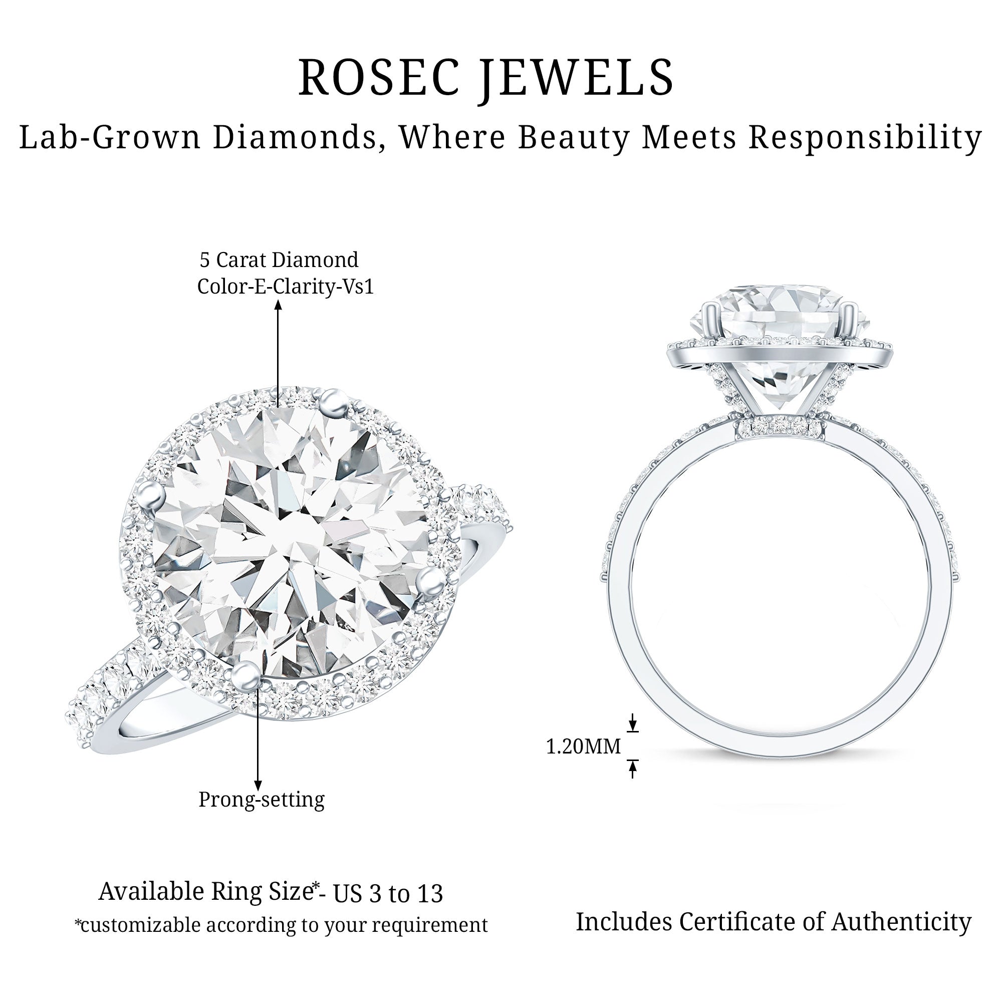 5 Carat Round Lab Grown Diamond Engagement Ring with IGI Certified