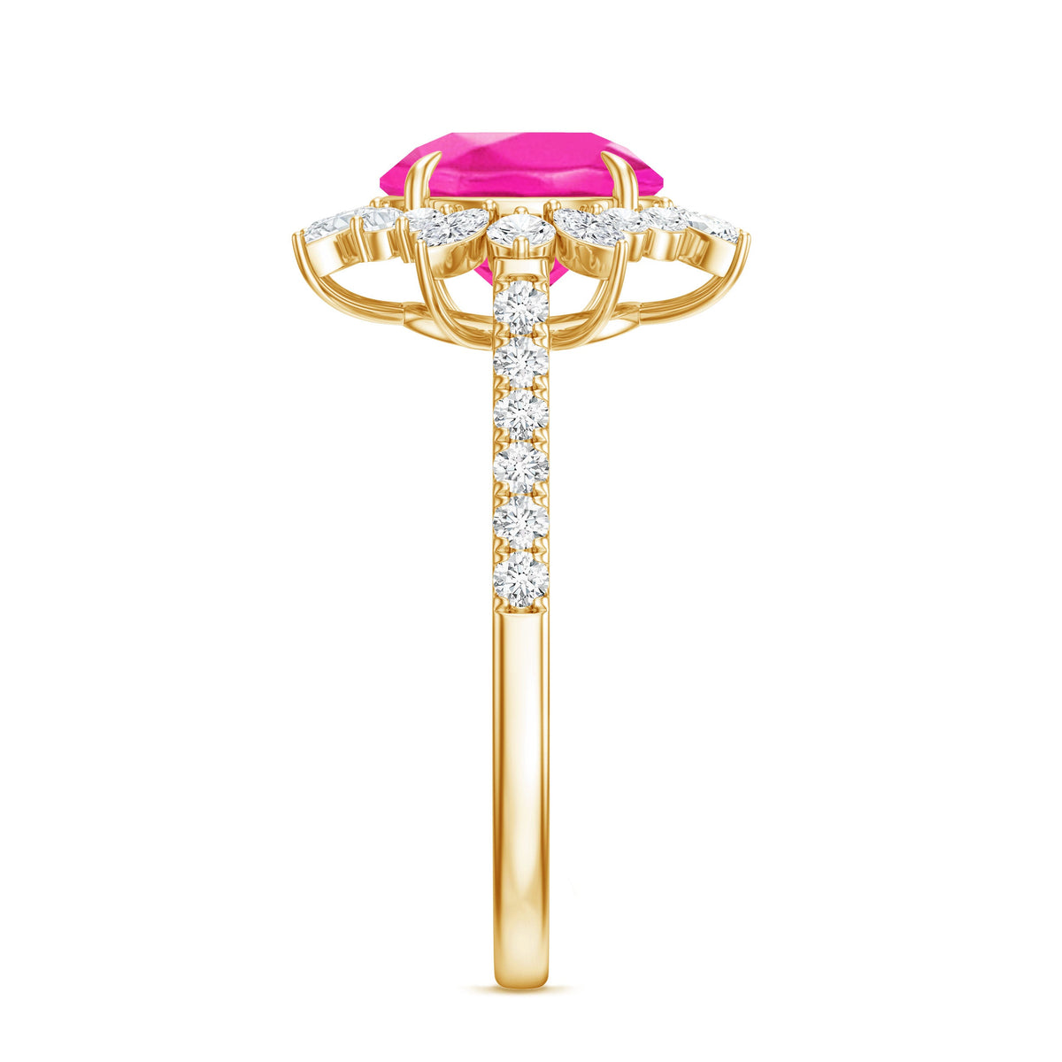 Created Pink Sapphire Cocktail Ring with Moissanite Floral Halo