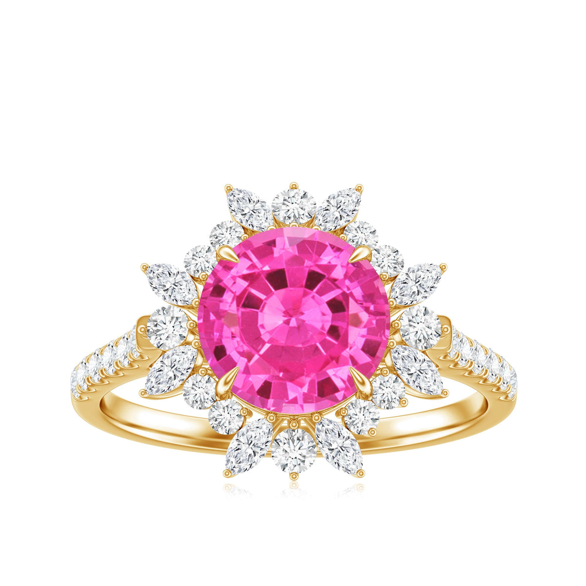 Created Pink Sapphire Cocktail Ring with Moissanite Floral Halo
