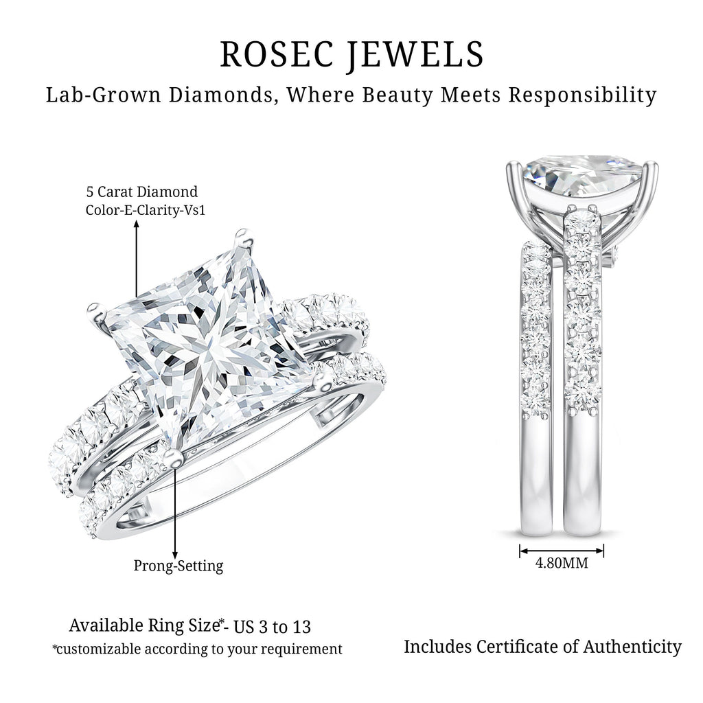 5 Carat IGI Certified Princess Cut Lab Diamond Engagement Ring with Band