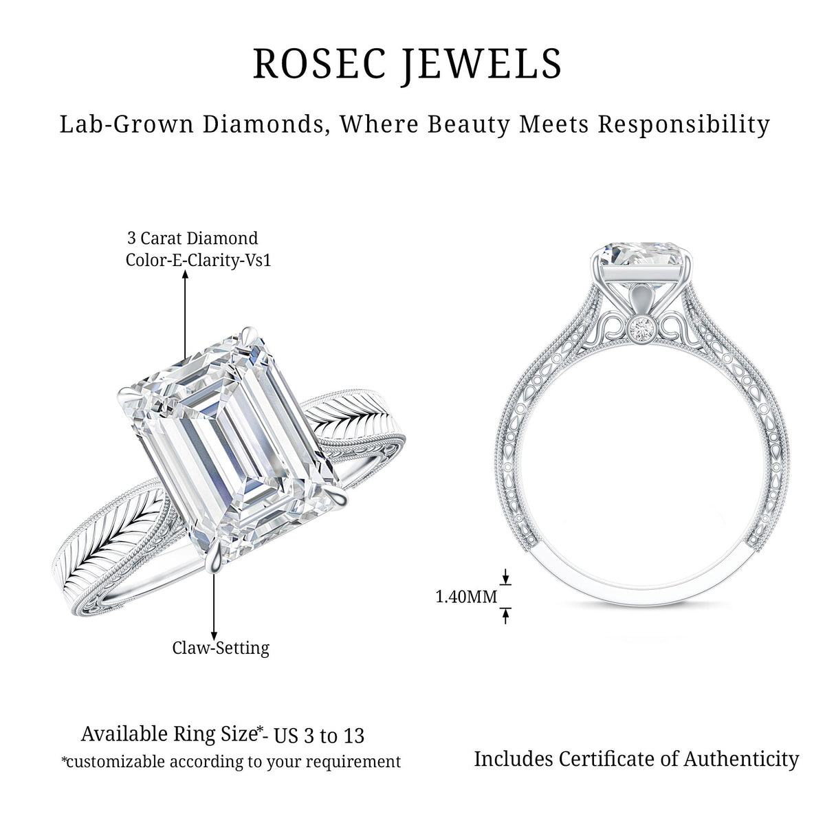 Ethically Sourced 3 Carat Lab Grown Diamond Emerald Cut Engagement Ring IGI Certified