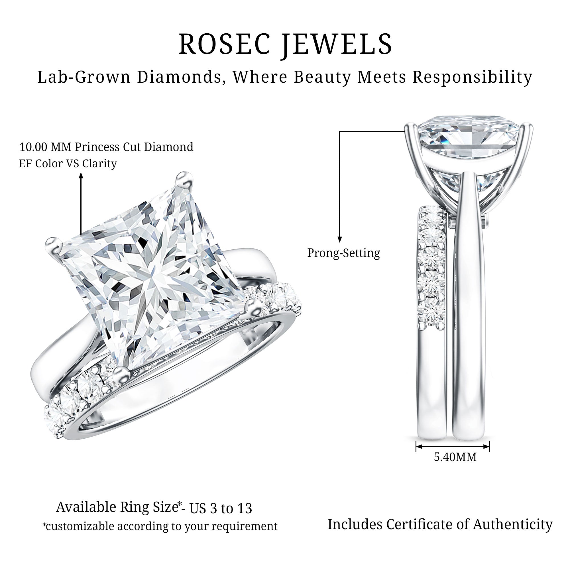 5 Carat Huge Lab Grown Diamond Princess Cut Engagement Ring Set with IGI Certificate