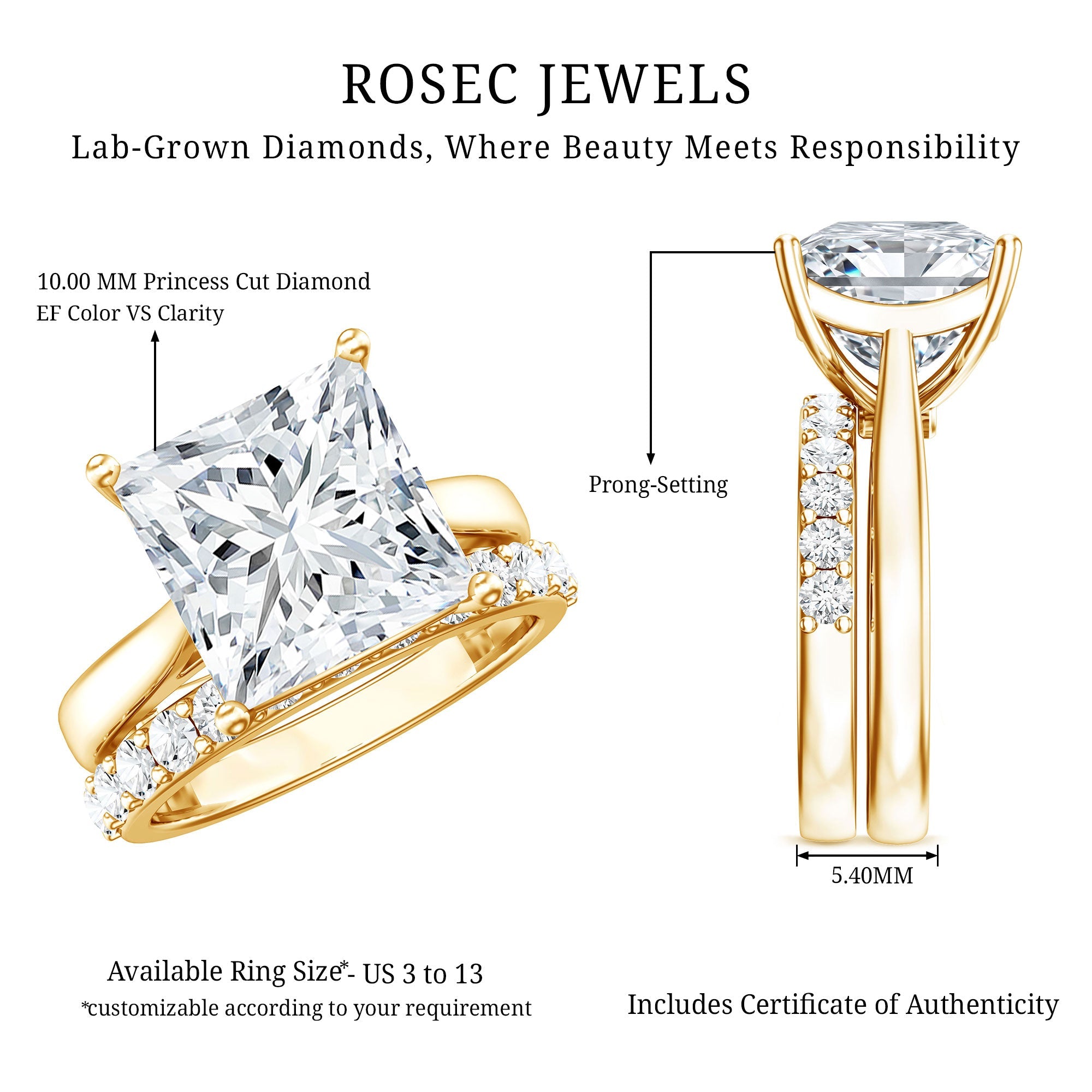 5 Carat Huge Lab Grown Diamond Princess Cut Engagement Ring Set with IGI Certificate