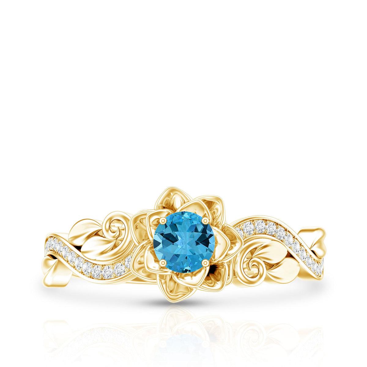 Natural Swiss Blue Topaz Flower Engagement Ring in Gold Plated Silver