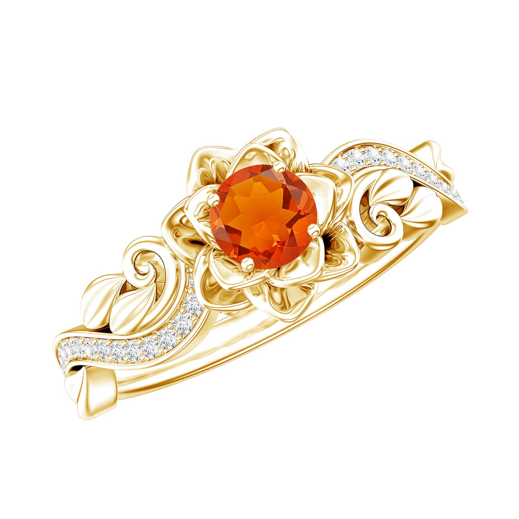 Certified Fire Opal and Diamond Rose Flower Engagement Ring