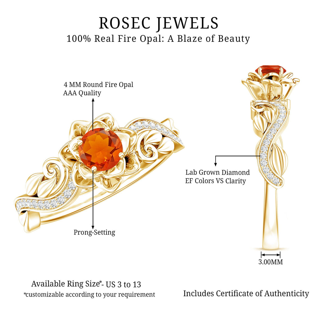 Certified Fire Opal and Diamond Rose Flower Engagement Ring