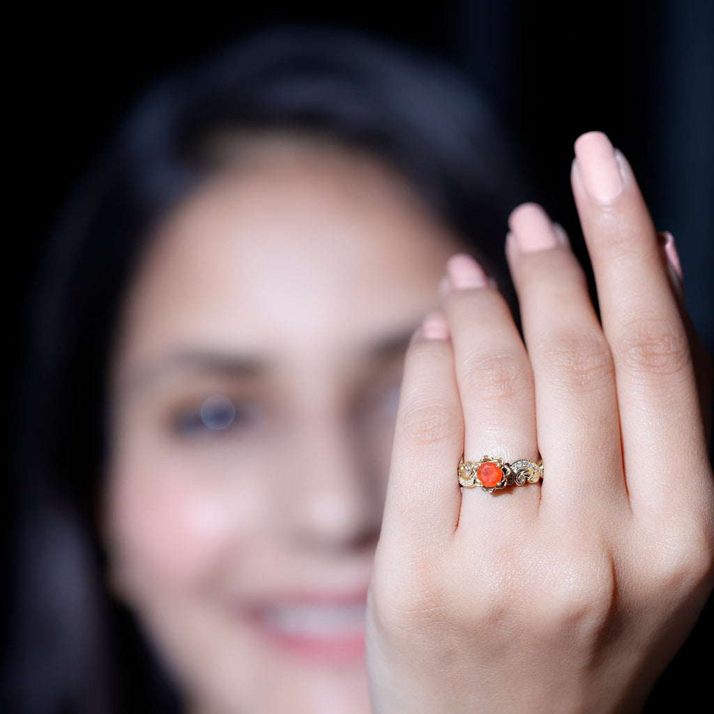 Certified Fire Opal and Diamond Rose Flower Engagement Ring