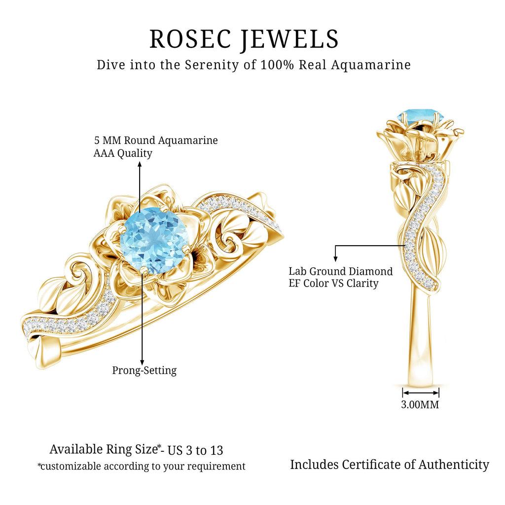 Natural Aquamarine and Diamond Flower Engagement Ring in Gold Plated Silver