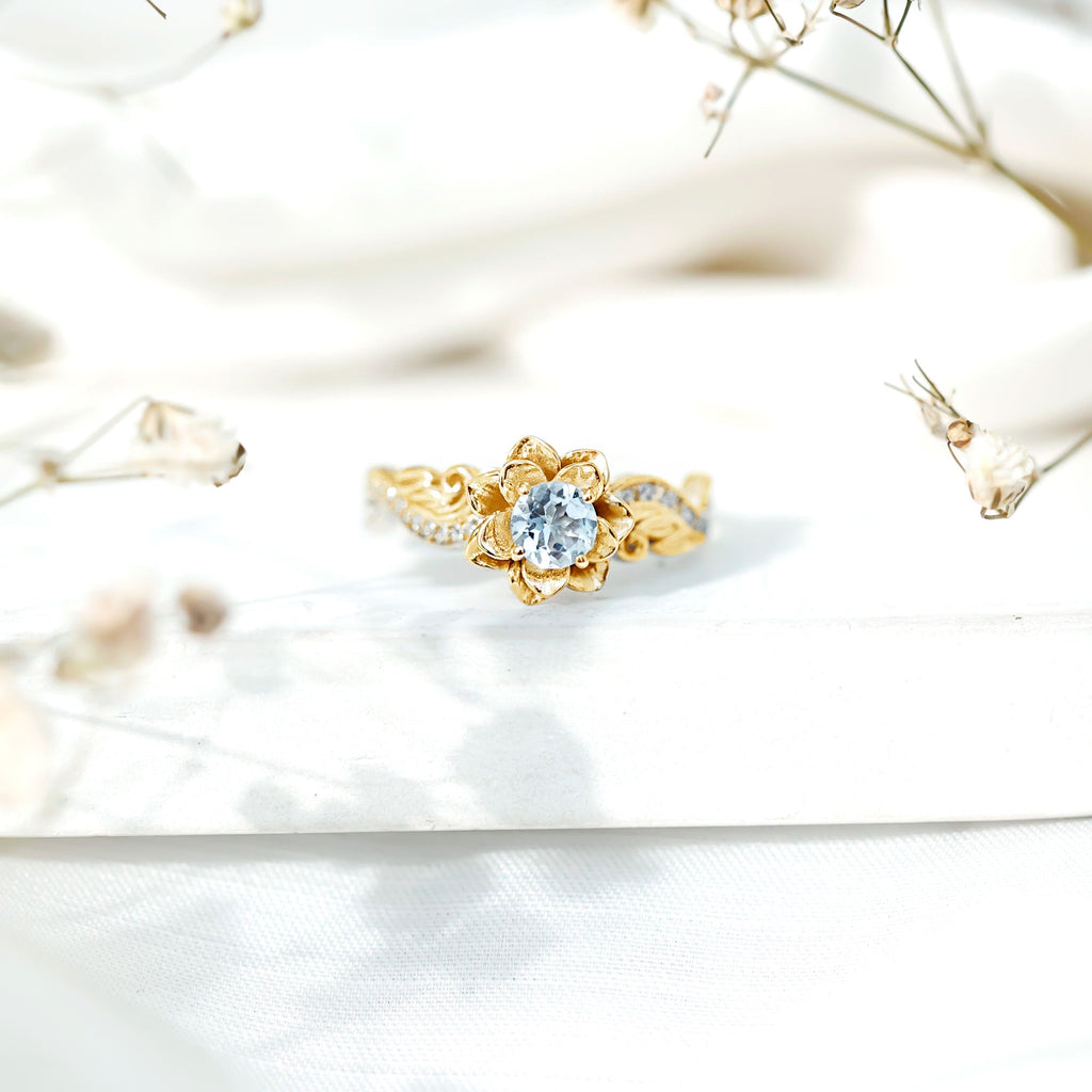 Natural Aquamarine and Diamond Flower Engagement Ring in Gold Plated Silver